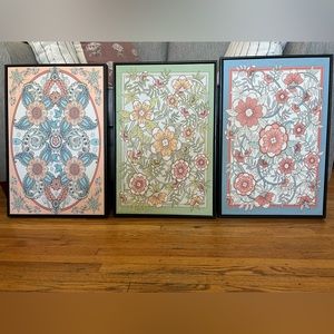Framed Canvas Print Wall Art Set of 3 Floral Botanical Illustrations Art Vintage